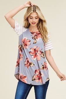 Girl's Short Sleeve Stripped Raglan Floral Shirt in Navy
