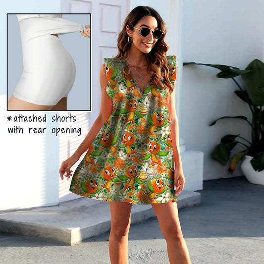 Orange Bird Pocket Dress with Shorts