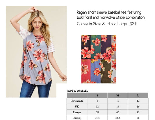 Girl's Short Sleeve Stripped Raglan Floral Shirt in Navy